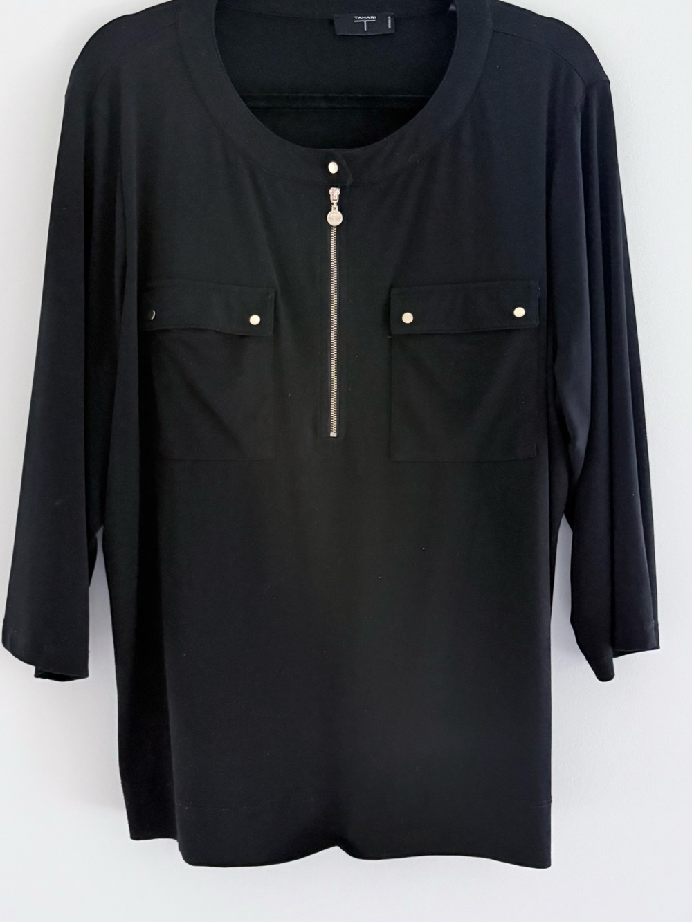 Tahari Black Zip-up Dual Chest Flap Pockets Blouse